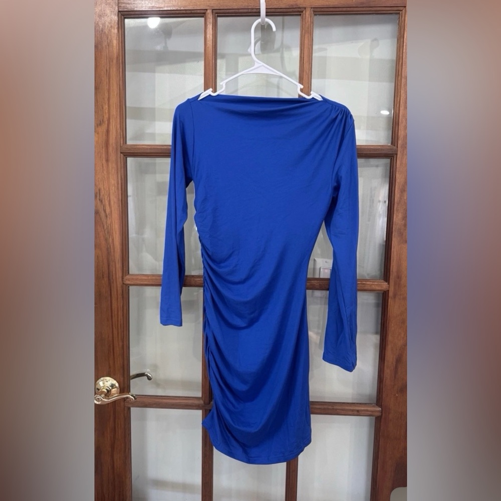 Elegant Royal Blue Long-Sleeve Ruched Dress NWOT